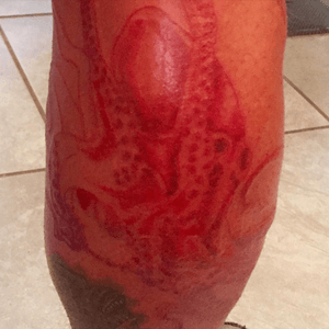 #redoctopustattoo on my right calf by Anthony DeJesus. #calftattoo #octopustattoo #redink #nooutline