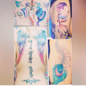 I really love my colors that match :) #mine #aliceinwonderland #wereallmadhere #cheshirecat #madhatter #watercolor #mermaid #wings #sanskrit #aries #tribal #peacockfeather  (Tat creds:  #wings and #peacockfeather by @ amberdtattoos  top two #sanskrit words by @ joenickley , #aliceinwonderland piece by @ tattoojocelynjust and #watercolortattoo #mermaid by @ tattmyholebody ) <find them on Instagram!)