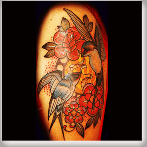 My sparrow tattoo by #JhonRodriguez #colombia #Sparrow #flowers #neotraditional #color #upperarm #birds #couple #dreamtattoo