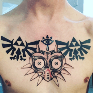 One more session for color and this bad boy will be finished! #zelda #majorasmask #tattoos #ink #games #videogames 