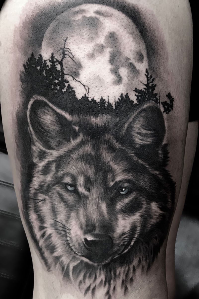 Tattoo Uploaded By Renata Ilciukaite • #wolf #moon #night #woods #trees 