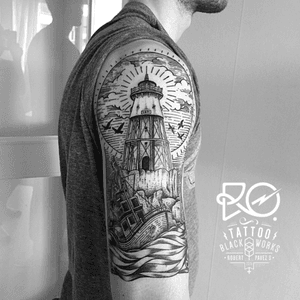 By RO. Robert Pavez • Lighthouse I • #engraving #dotwork #etching #dot #linework #geometric #ro #blackwork #blackworktattoo #blackandgrey #black #tattoo #lighthousetattoo 