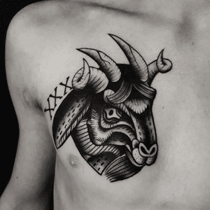 Black and Grey Traditional Four-Horned Goat by Phrank Hinajosa at Faces in the Dark Tattoo 
