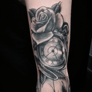 The most recent addition to what will be my ledt sleeve. Done at Timeless ink, Salisbury, UK #ink #salisbury #uk #sleeve #blackandgrey #pocketwatch #rose #artistic #shading #upperleftarm #4hrsession #hurtlikeabitch