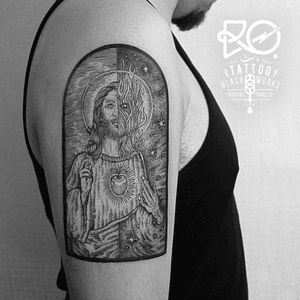 By RO. Robert Pavez • Black Divition Betwenn Gods • #engraving #dotwork #etching #dot #linework #geometric #ro #blackwork #blackworktattoo #blackandgrey #black #tattoo #gods