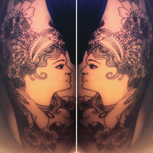 Thigh tattoo by katja van der graaf at velevet tatoo - brighton- england.    #thightattoos #thigh #portrait #lady #flowers #epic 