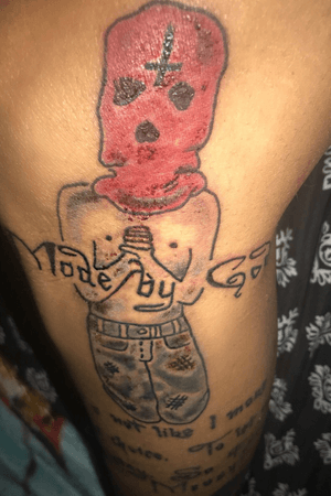I got this idea and created this image of praying little boy distressed, hurt, left behind. part "Made By God" is from die antwoord #legtattoos #DarkArt #DarkTattoos #dieantwoord #God #evil #upsidedowncross 
