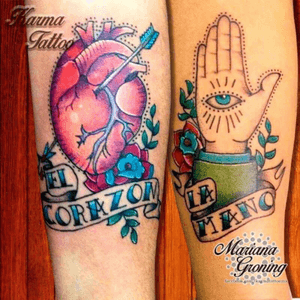 Couple tattoo, the hand and the heart#tattoo #marianagroning #karmatattoo #cdmx #MexicoCity #watercolor #watercolortattoo #watercolortattooartist #neotradi #neotradicional #neotradicionaltattoo 