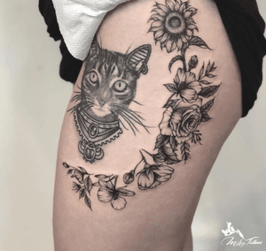 #kitty and #floral tattoo done by Miko
