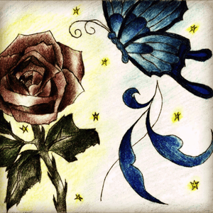 a drawing my daughter made for mw based on my tattoo idea of the pain and pleasure of life. The butterfly and her wing dust entertwined with the rose and his thorns.  #megandreamtattoo