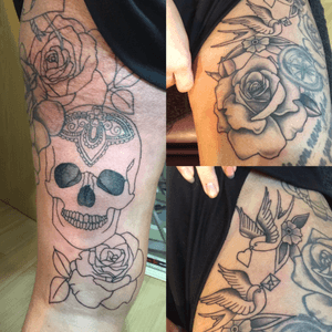 Full 6.5 hour sitting in one day!💪🏼 #skulls #roses #blackandgrey #thigh #swallows #loveit #hardcore 