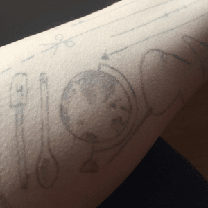My #forearm of things i #love #brownink #globe #world #sewing #needle #pattern #lines #woodenspoon #spatula #baking #creative #arm #worldtattoo #tattoo #browntattoo 