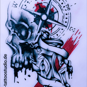 Oberarm Tattoo Vorlage im Polka trash Style. #polka #trash #tattoo #drawing #vorlage #black #grey #red #skull #compass #kompass #sanduhr #realistic #moko #tattoostudio #merzig