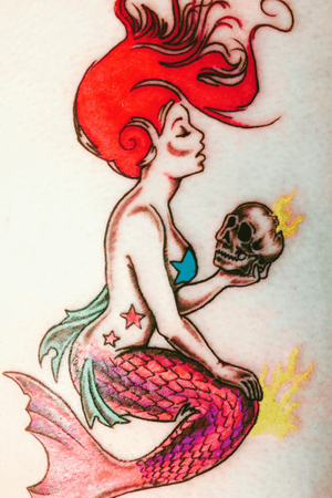 Thigh tattoo mermaid skull colorful 