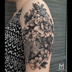 By Mo, Mojito tattoo studio Toulouse, FRANCE. Www.mojitotattoo.com #tattoo #toulouse #ink #france #mojitotattoo #inkbymo #forest #doe #biche #peonytattoo 