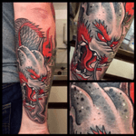 Dragons head and start of body. 75% full sleeve done now. Next session in Aug..