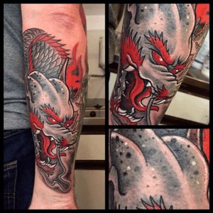 Dragons head and start of body. 75% full sleeve done now. Next session in Aug..