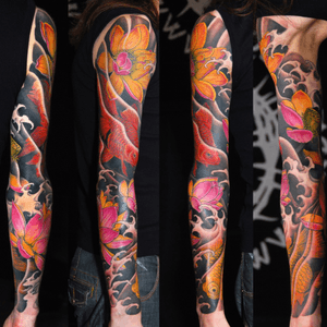 Japanese Tattoo. Full sleeve. Goldfishes and Lotus tattoo