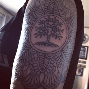First session down. One to go with colour. #treeoflifetattoo #armtatoo #mandala 