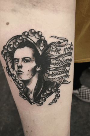 Sid Vicious “I’m not vicious really” Heart Locket on forearm. Done by StewartOCTattoo