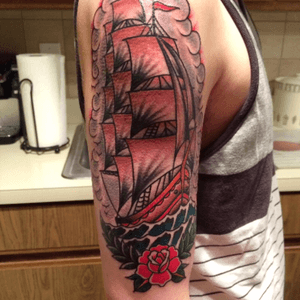 Ship tattoo #AmericanTraditional #traditional #shiptattoo #ship #rose #oldschool 