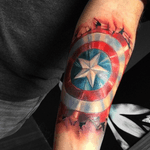 Awesome piece by #maydaytattooco artist #carolynelaine #captainamerica #color #colortattoo #arm 