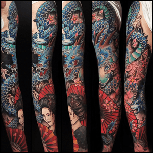 🐲Finished sleeve! 🐲 Thank you Dan for your dedication! Also Dan is 6'7" to give you an idea of how big this is! 🐉 To book in email kbeetattoo@gmail.com  #katiebeeart #tattoo #tattoos #ink #inked #yeg #yegtattoo #edmonton #edmontontattoo #ladytattooers #fusionink #neotat #stencilstuff #japanesetattoo #inkjunkeyz #iloveyourtattoos #inkspiringtattoos #taot #tattedskin #tattooworkers #tattooersubmission #thebesttattooartists #dragontattoo #geishatattoo #colortattoo #colourtattoo #sleeve #sleevetattoo #tattoodo