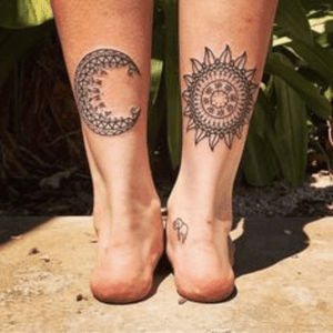 Sun and moon madala style calf tattoo. Been wanting this for a long ass time. #megandreamtattoo #sunandmoon #mandala #calftattoo 