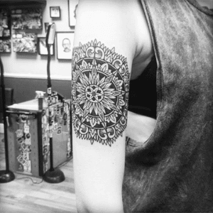 Picture credit to Lee Denham at Sacred Skin. Tattooed by Lee Denham. #blackwork #dotwork #mandala #mytattoos #armtattoo 