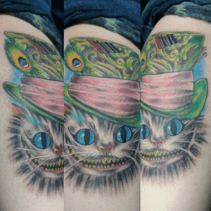 Cheshire Cat from Alice in Wonderland. Client came in with idea and photo. Done at Delta 9 Tattoo Company.  #alice #AliceinWonderlandtattoo #cheshirecattattoo #CheshireTheCat  #madhatter #johnnydepp #neotat #indiana #delta9
