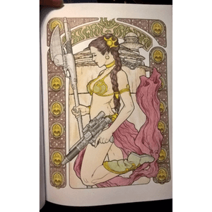 Ive been following Megan Massacre for awhile, and when i heard of the #megandreamtattoo contest, i had to give it a shot. Ive been wanting an art nouveau style for a while, & found this inspo in a coloring book of all places. Slave leia, one foot reating on Boushh's helmet, her blaster in one hand, and the chains she killed Jabba with in the other. Across the top, would be a scroll that says "Fight like a Girl."