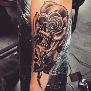 My new tattoo! A good start for my sleave 💀#skull#rose#sleave