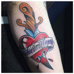 Trad dagger and heart today #trad #traditional #tradtattoo #bright_and_bold #family #heartdagger #daggerandheart #dagger #tattoo #tattoos 