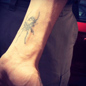 Spider tat #spider #old #first #tattoo #wristtattoo #Mine 