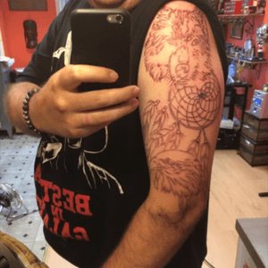 Wolf, Dreamcatcher & Eagle Tattoo outline done