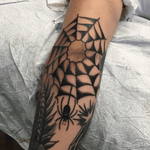 Elbow done by Sterling Barck @ Downtown Tattoo Las Vegas, Nevada. @Downtown_Tattoo_Las_Vegas #traditional #sterlingbarck #spiderweb #blackandgrey #spider