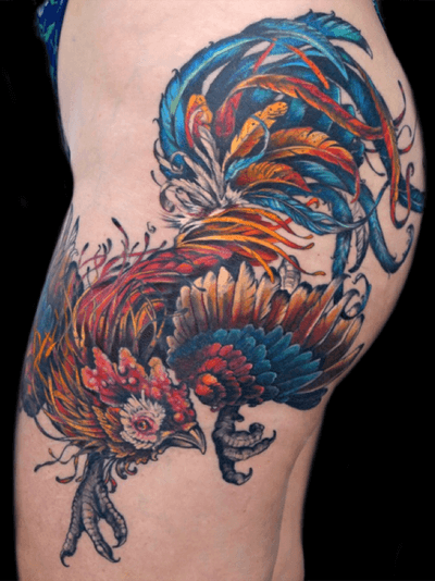 Rooster tattoo #roostertattoo #rooster #cock #bird #aubreymennella #illustrative #IllustrativeTattoo 