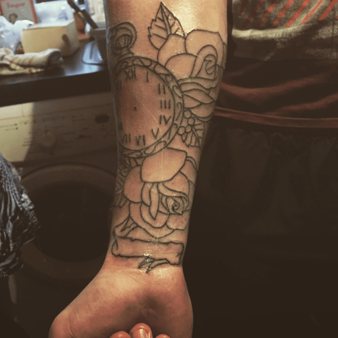 Tattoo uploaded by nay1995 • Outline to finish the sleeve #tattoo #sleeve  #linework #forearm #Memory #memorial #newink #outline #clock #roeses #rose  • Tattoodo