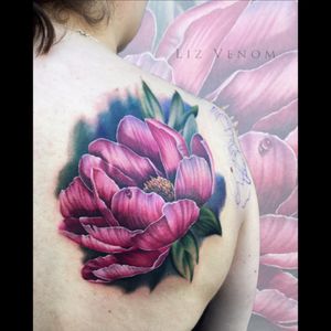#peony tattoo by Liz Venom#peonies #shoulder #nature #botanical #realism #female #floral #flowers #girly #feminine #ladytattooers #vintage #classical #color #colour #best #beautiful #flattering #amazing 