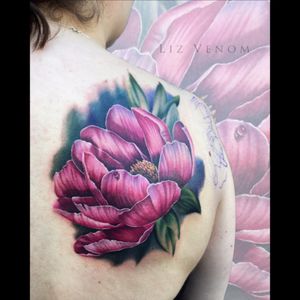 #peony tattoo by Liz Venom #peonies #shoulder #nature #botanical #realism #female #floral #flowers #girly #feminine #ladytattooers #vintage #classical #color #colour #best #beautiful #flattering #amazing 