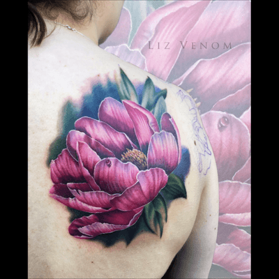 #peony tattoo by Liz Venom#peonies #shoulder #nature #botanical #realism #female #floral #flowers #girly #feminine #ladytattooers #vintage #classical #color #colour #best #beautiful #flattering #amazing 