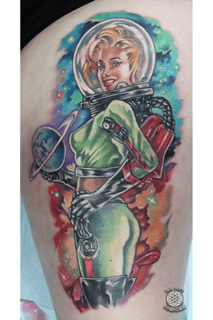 Custom #spacelady #tattoo by Sean Ambrose of Arrows and Embers Custom Tattoo in Concord, NH! This was actually based off a hand-drawn reference from the client-so cool! #galaxy #cosmic #hellyeah #girlswithtattoos