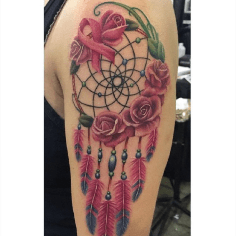 Tattoo uploaded by Sarai • Dreamcatcher with roses and breast cancer ribbon #meganmassacre • Tattoodo