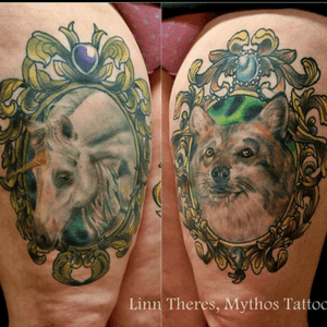 Julies first tattoos! Healed, 3years old. #unicorn #wolf #baroqueframes #animals #neotraditional 