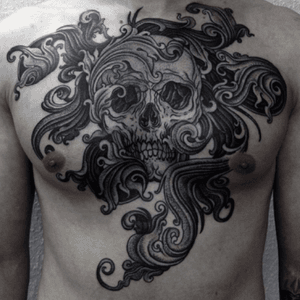 One of my many favorites by Alexander Grim. Its easy to love everything he creates. #AlexanderGrim #blackandgrey #skull #amazing #chestpiece 