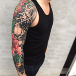 Healed sleeve with a mix of traditional japanese elements and realistic elements, my kinda fun!!:) #tattoodo #inkjecta #wearesorrymom #killerinktattoo #tigertattoo #irezumi #japanese #peony #pagoda 