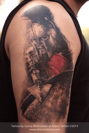 Leonidas Tattoo (300 Movie) by Sunny Bhanushali at Aliens Tattoo, Mumbai. Client is a big fan of Frank Miller’s comic, “300”. He loves all the characters from the movie 300 which is based on the same comic. He wants a 300 movie themed full sleeve tattoo. We started with the most iconic warrior character from the movie, Leonidas. I have put lot of time, energy and effort to make all the textures of metal, shield and helmet. Check it out, you are going to love this one.
