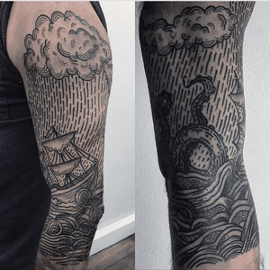 Freehand Piece done by @connorltyler #ship #tattoo #storm #freehand #rain #clouds #sleeve #octopusdrawing #octapus #linework #Black 