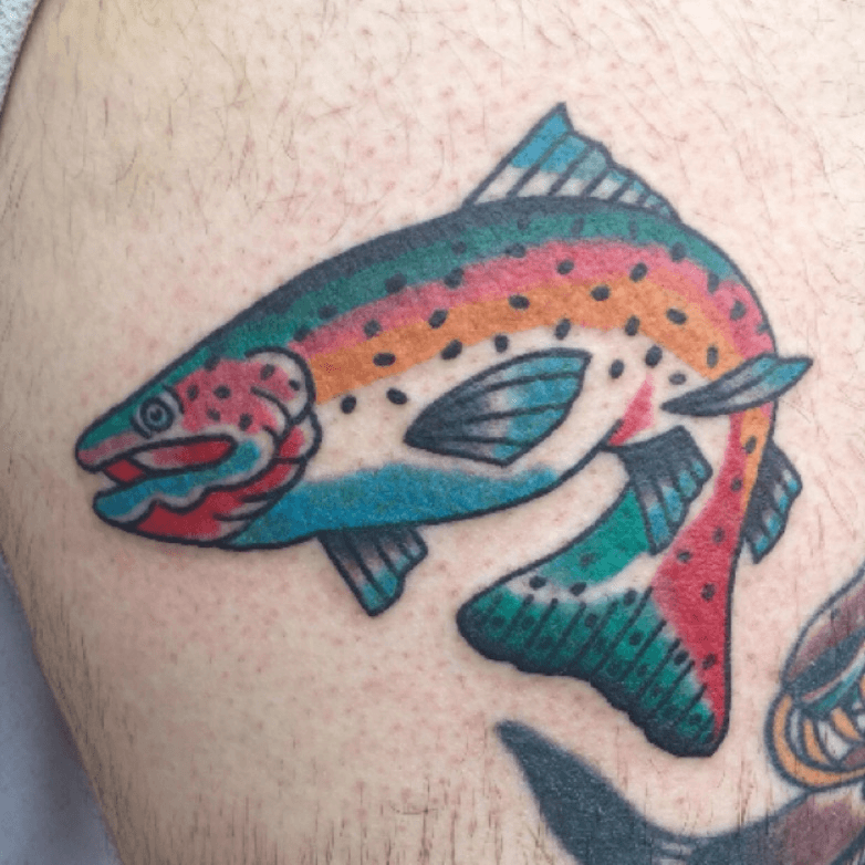 My rainbow trout done by Shauncey Fury at Hula Moon in Pensacola Fl   traditional  Traditional tattoo sleeve Traditional tattoo inspiration Traditional  tattoo