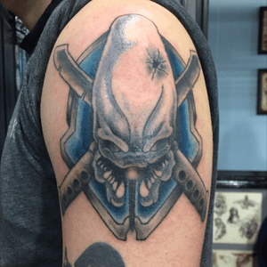 Halo legendary tattoo done by nate at blue flame tattoo. #halo #halolegendary #videogametattoos #videogames 